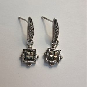 Vintage 925 Sterling Silver Marcasite Dangle Drop Pierced Earrings